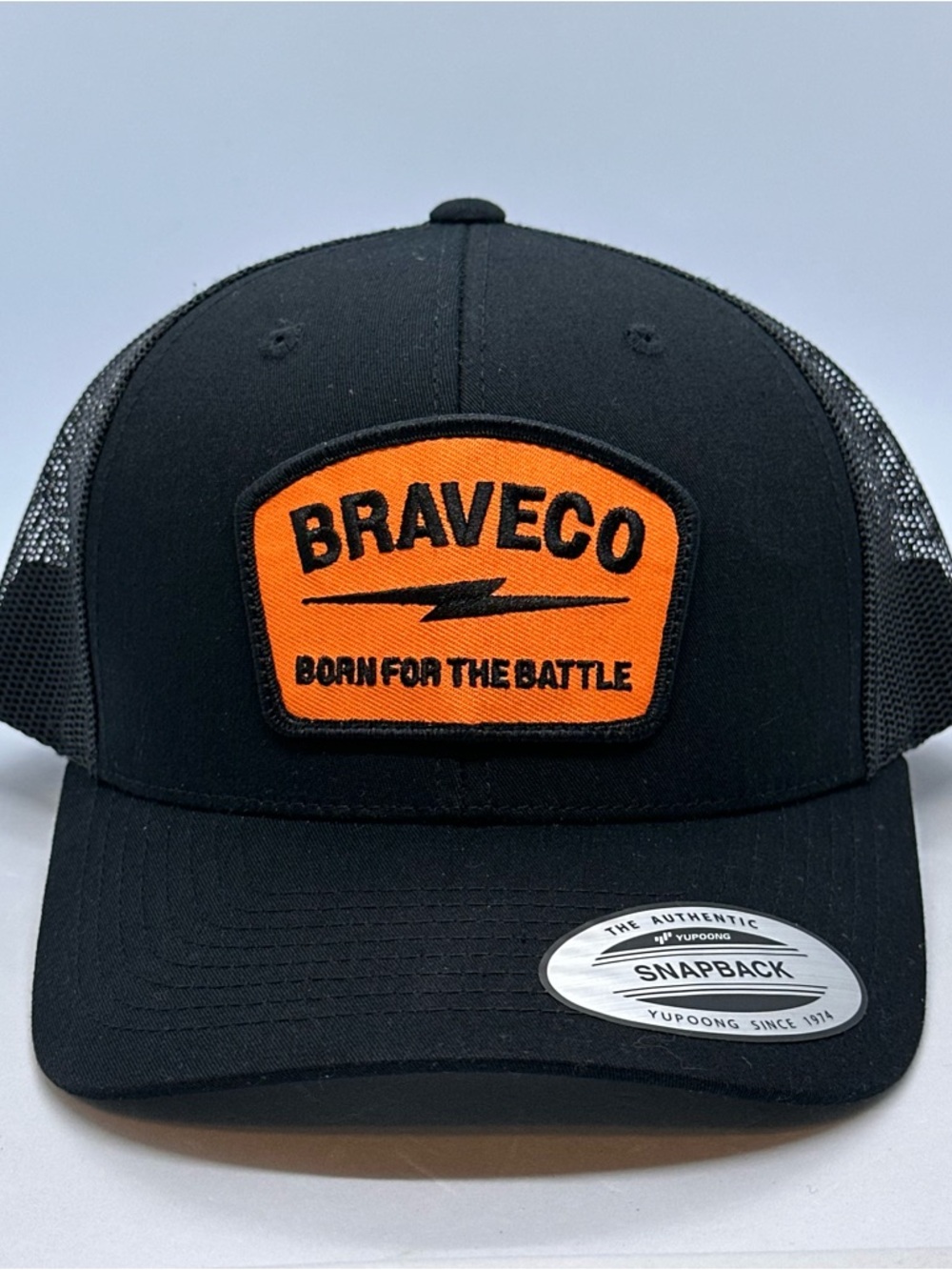 Braveco Born For The Battle Black Trucker Hat Orange Patch Adjustable Snapback View 2